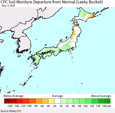 Japan CPC Soil Moisture Departure from Normal (Leaky Bucket) Thematic Map For 5/1/2024 - 5/5/2024
