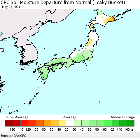 Japan CPC Soil Moisture Departure from Normal (Leaky Bucket) Thematic Map For 5/11/2024 - 5/15/2024