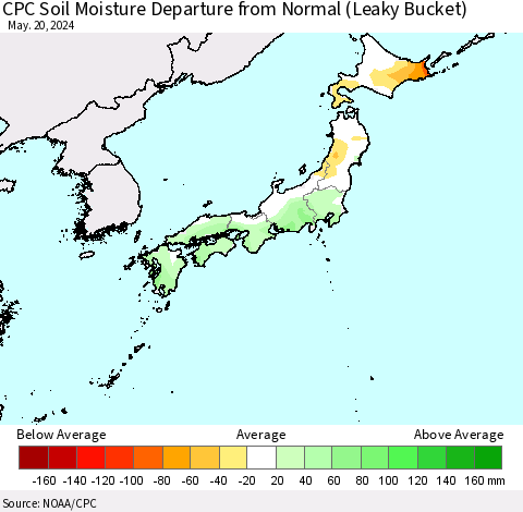 Japan CPC Soil Moisture Departure from Normal (Leaky Bucket) Thematic Map For 5/16/2024 - 5/20/2024