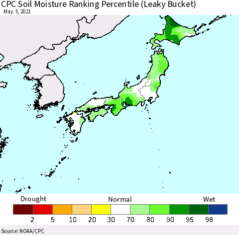 Japan CPC Soil Moisture Ranking Percentile (Leaky Bucket) Thematic Map For 5/1/2021 - 5/5/2021
