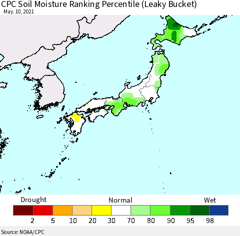 Japan CPC Soil Moisture Ranking Percentile (Leaky Bucket) Thematic Map For 5/6/2021 - 5/10/2021