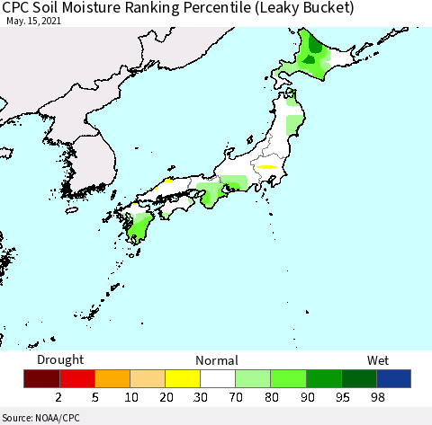 Japan CPC Soil Moisture Ranking Percentile (Leaky Bucket) Thematic Map For 5/11/2021 - 5/15/2021