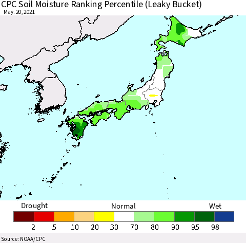 Japan CPC Soil Moisture Ranking Percentile (Leaky Bucket) Thematic Map For 5/16/2021 - 5/20/2021