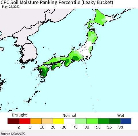 Japan CPC Soil Moisture Ranking Percentile (Leaky Bucket) Thematic Map For 5/21/2021 - 5/25/2021
