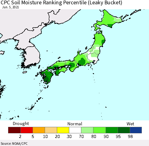 Japan CPC Soil Moisture Ranking Percentile (Leaky Bucket) Thematic Map For 6/1/2021 - 6/5/2021