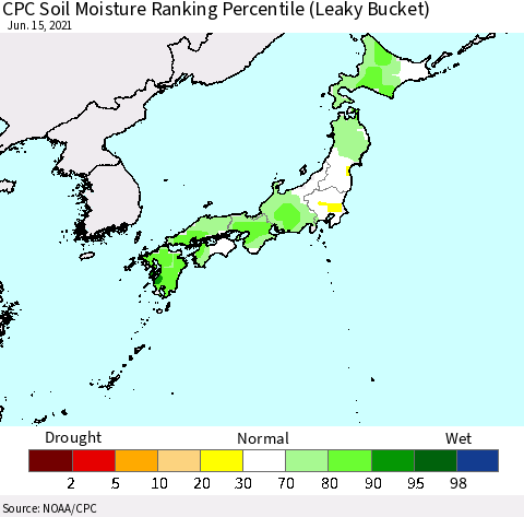 Japan CPC Soil Moisture Ranking Percentile (Leaky Bucket) Thematic Map For 6/11/2021 - 6/15/2021