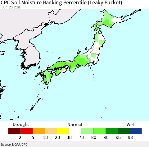 Japan CPC Soil Moisture Ranking Percentile (Leaky Bucket) Thematic Map For 6/16/2021 - 6/20/2021