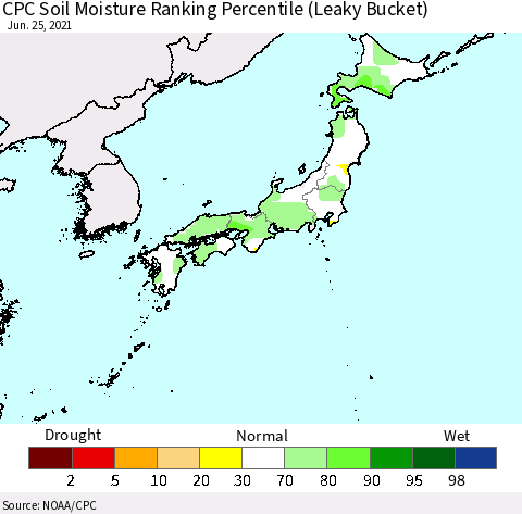 Japan CPC Soil Moisture Ranking Percentile (Leaky Bucket) Thematic Map For 6/21/2021 - 6/25/2021