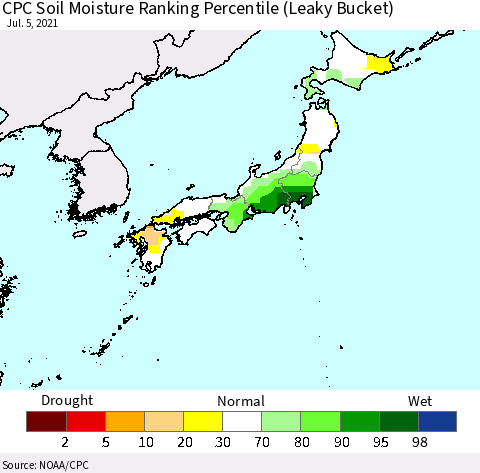 Japan CPC Soil Moisture Ranking Percentile (Leaky Bucket) Thematic Map For 7/1/2021 - 7/5/2021