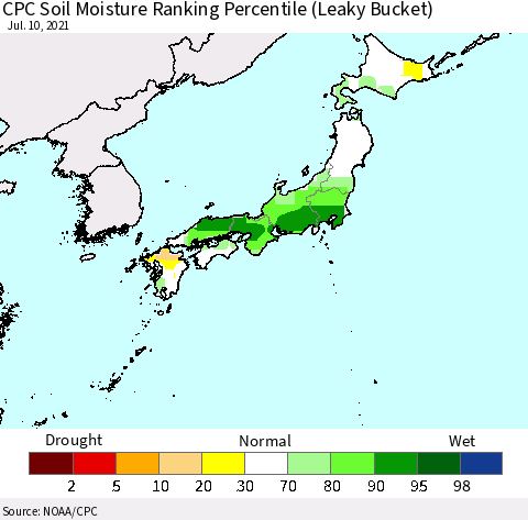 Japan CPC Soil Moisture Ranking Percentile (Leaky Bucket) Thematic Map For 7/6/2021 - 7/10/2021