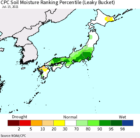 Japan CPC Soil Moisture Ranking Percentile (Leaky Bucket) Thematic Map For 7/11/2021 - 7/15/2021