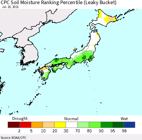 Japan CPC Soil Moisture Ranking Percentile (Leaky Bucket) Thematic Map For 7/16/2021 - 7/20/2021