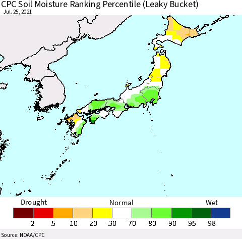 Japan CPC Soil Moisture Ranking Percentile (Leaky Bucket) Thematic Map For 7/21/2021 - 7/25/2021