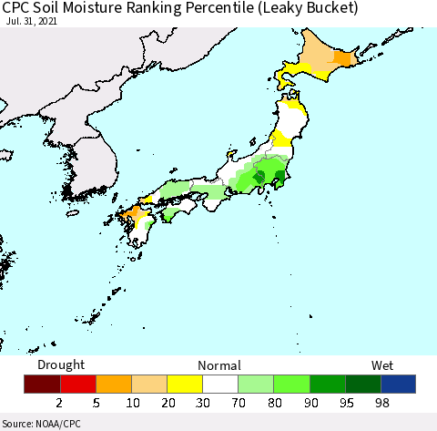 Japan CPC Soil Moisture Ranking Percentile (Leaky Bucket) Thematic Map For 7/26/2021 - 7/31/2021