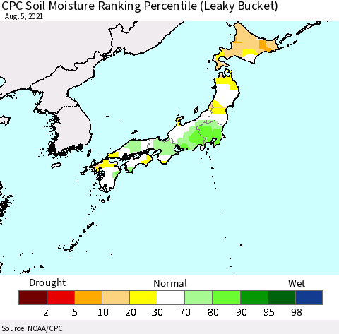 Japan CPC Soil Moisture Ranking Percentile (Leaky Bucket) Thematic Map For 8/1/2021 - 8/5/2021