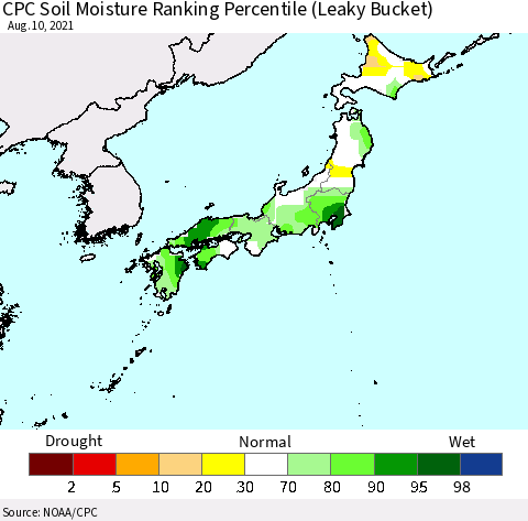 Japan CPC Soil Moisture Ranking Percentile (Leaky Bucket) Thematic Map For 8/6/2021 - 8/10/2021