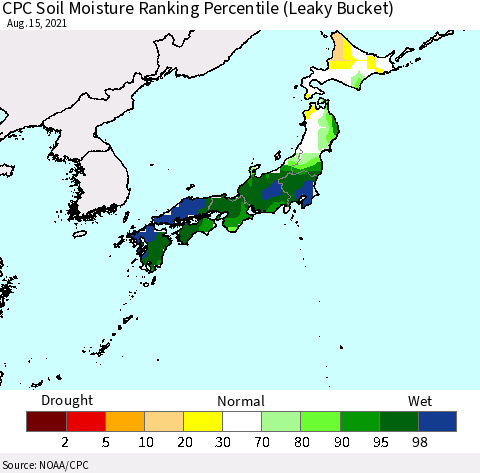Japan CPC Soil Moisture Ranking Percentile (Leaky Bucket) Thematic Map For 8/11/2021 - 8/15/2021