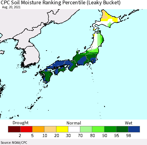 Japan CPC Soil Moisture Ranking Percentile (Leaky Bucket) Thematic Map For 8/16/2021 - 8/20/2021