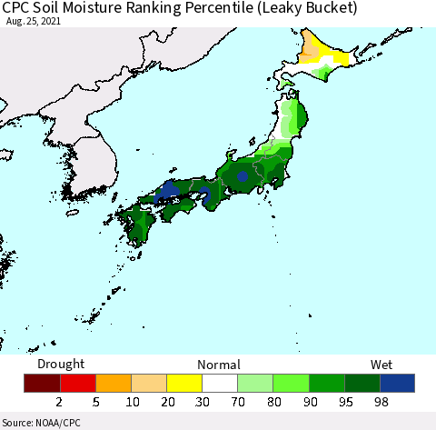 Japan CPC Soil Moisture Ranking Percentile (Leaky Bucket) Thematic Map For 8/21/2021 - 8/25/2021