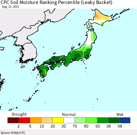 Japan CPC Soil Moisture Ranking Percentile (Leaky Bucket) Thematic Map For 8/26/2021 - 8/31/2021