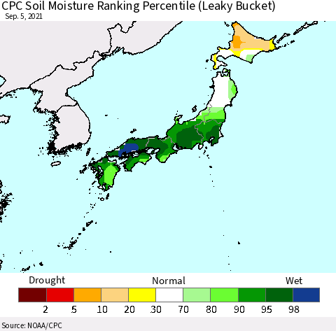 Japan CPC Soil Moisture Ranking Percentile (Leaky Bucket) Thematic Map For 9/1/2021 - 9/5/2021