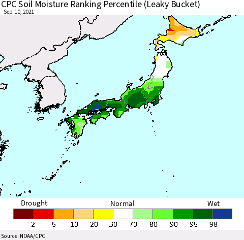 Japan CPC Soil Moisture Ranking Percentile (Leaky Bucket) Thematic Map For 9/6/2021 - 9/10/2021