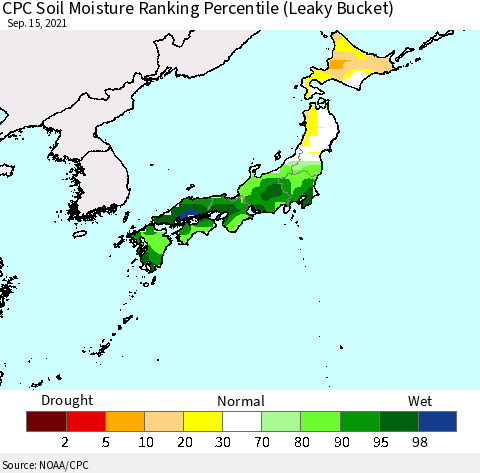 Japan CPC Soil Moisture Ranking Percentile (Leaky Bucket) Thematic Map For 9/11/2021 - 9/15/2021