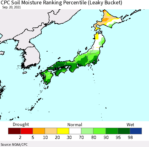 Japan CPC Soil Moisture Ranking Percentile (Leaky Bucket) Thematic Map For 9/16/2021 - 9/20/2021