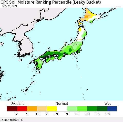 Japan CPC Soil Moisture Ranking Percentile (Leaky Bucket) Thematic Map For 9/21/2021 - 9/25/2021