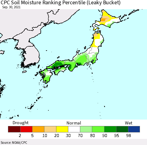Japan CPC Soil Moisture Ranking Percentile (Leaky Bucket) Thematic Map For 9/26/2021 - 9/30/2021