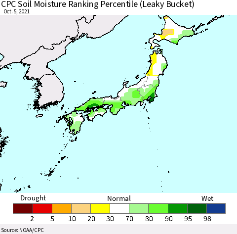 Japan CPC Soil Moisture Ranking Percentile (Leaky Bucket) Thematic Map For 10/1/2021 - 10/5/2021