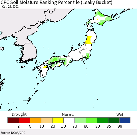 Japan CPC Soil Moisture Ranking Percentile (Leaky Bucket) Thematic Map For 10/21/2021 - 10/25/2021