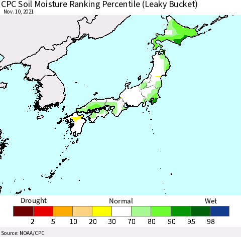 Japan CPC Soil Moisture Ranking Percentile (Leaky Bucket) Thematic Map For 11/6/2021 - 11/10/2021