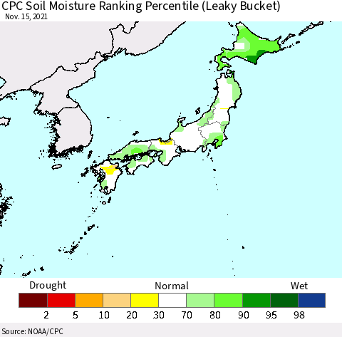 Japan CPC Soil Moisture Ranking Percentile (Leaky Bucket) Thematic Map For 11/11/2021 - 11/15/2021
