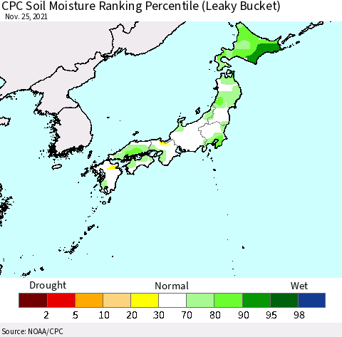 Japan CPC Soil Moisture Ranking Percentile (Leaky Bucket) Thematic Map For 11/21/2021 - 11/25/2021
