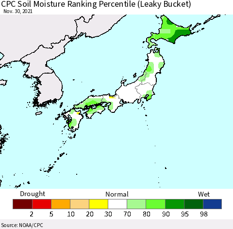 Japan CPC Soil Moisture Ranking Percentile (Leaky Bucket) Thematic Map For 11/26/2021 - 11/30/2021