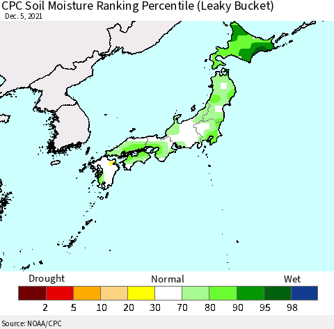 Japan CPC Soil Moisture Ranking Percentile (Leaky Bucket) Thematic Map For 12/1/2021 - 12/5/2021