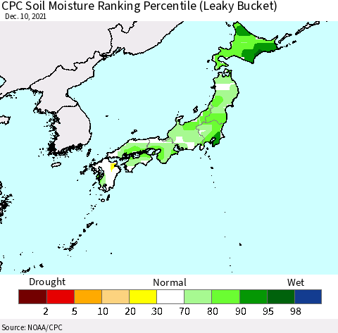 Japan CPC Soil Moisture Ranking Percentile (Leaky Bucket) Thematic Map For 12/6/2021 - 12/10/2021