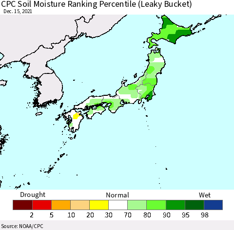 Japan CPC Soil Moisture Ranking Percentile (Leaky Bucket) Thematic Map For 12/11/2021 - 12/15/2021