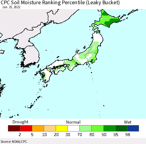Japan CPC Soil Moisture Ranking Percentile (Leaky Bucket) Thematic Map For 1/21/2022 - 1/25/2022