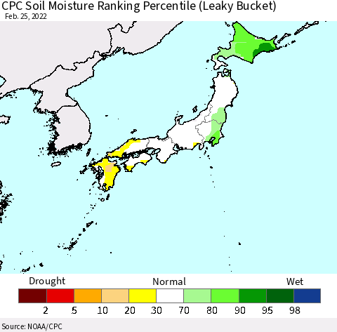 Japan CPC Soil Moisture Ranking Percentile (Leaky Bucket) Thematic Map For 2/21/2022 - 2/25/2022