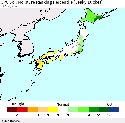 Japan CPC Soil Moisture Ranking Percentile (Leaky Bucket) Thematic Map For 2/26/2022 - 2/28/2022