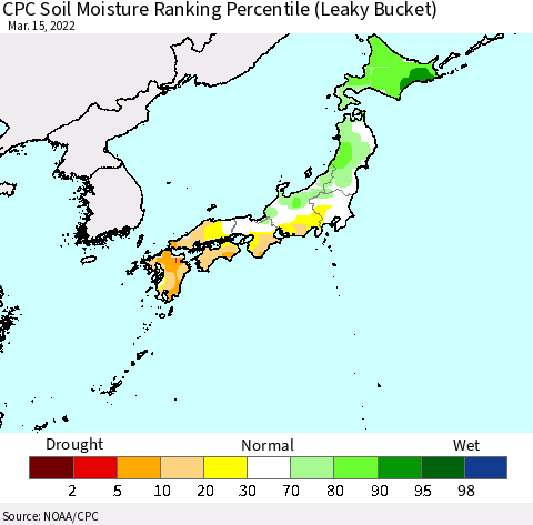 Japan CPC Soil Moisture Ranking Percentile (Leaky Bucket) Thematic Map For 3/11/2022 - 3/15/2022