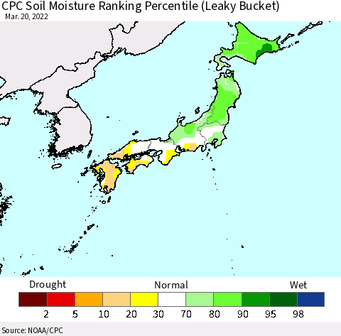 Japan CPC Soil Moisture Ranking Percentile (Leaky Bucket) Thematic Map For 3/16/2022 - 3/20/2022