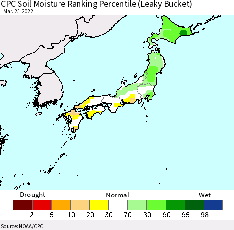 Japan CPC Soil Moisture Ranking Percentile (Leaky Bucket) Thematic Map For 3/21/2022 - 3/25/2022