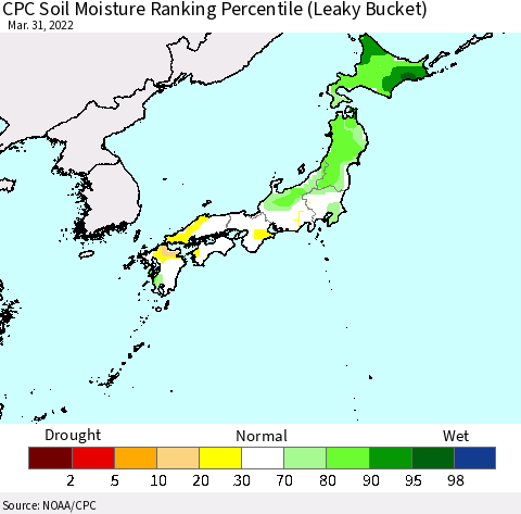 Japan CPC Soil Moisture Ranking Percentile (Leaky Bucket) Thematic Map For 3/26/2022 - 3/31/2022