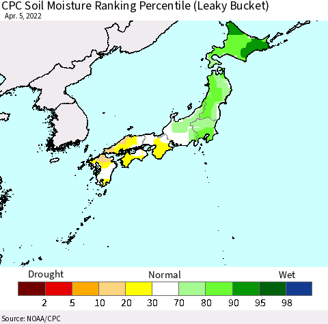 Japan CPC Soil Moisture Ranking Percentile (Leaky Bucket) Thematic Map For 4/1/2022 - 4/5/2022