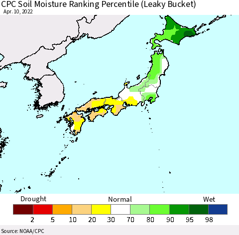 Japan CPC Soil Moisture Ranking Percentile (Leaky Bucket) Thematic Map For 4/6/2022 - 4/10/2022