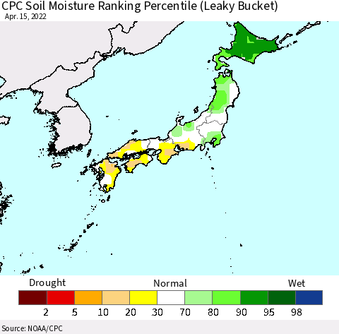 Japan CPC Soil Moisture Ranking Percentile (Leaky Bucket) Thematic Map For 4/11/2022 - 4/15/2022