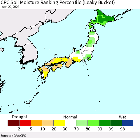 Japan CPC Soil Moisture Ranking Percentile (Leaky Bucket) Thematic Map For 4/16/2022 - 4/20/2022